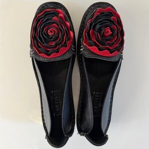 Spring Step L’Artiste Black Leather Flats Red Rose Appliqué EU 41 26cm New